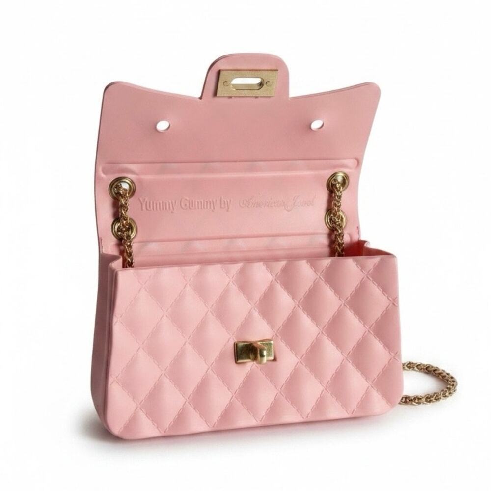 American Jewel Pink Silicone Quilted Crossbody Bag Gold Chain NWT